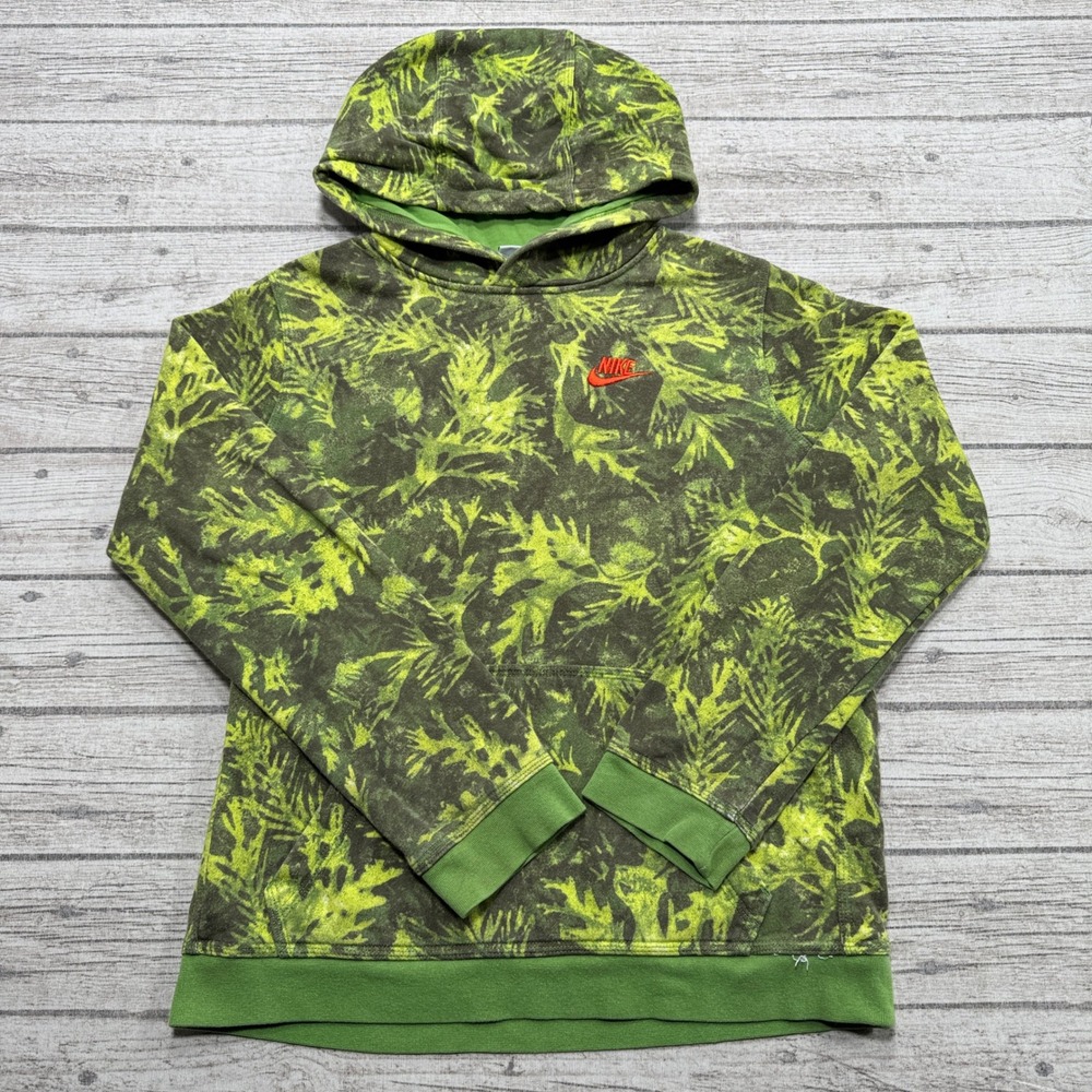 Nike Hoodie Boys XL Green Leaf Camo Pullover Swoosh Cotton Sweatshirt Athleisure